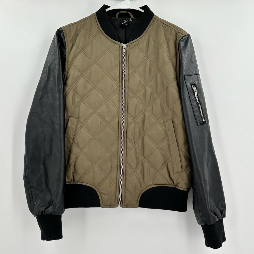 Windsor Army Green Quilted/Black Faux Leather Women’s Bomber Jacket Size Small